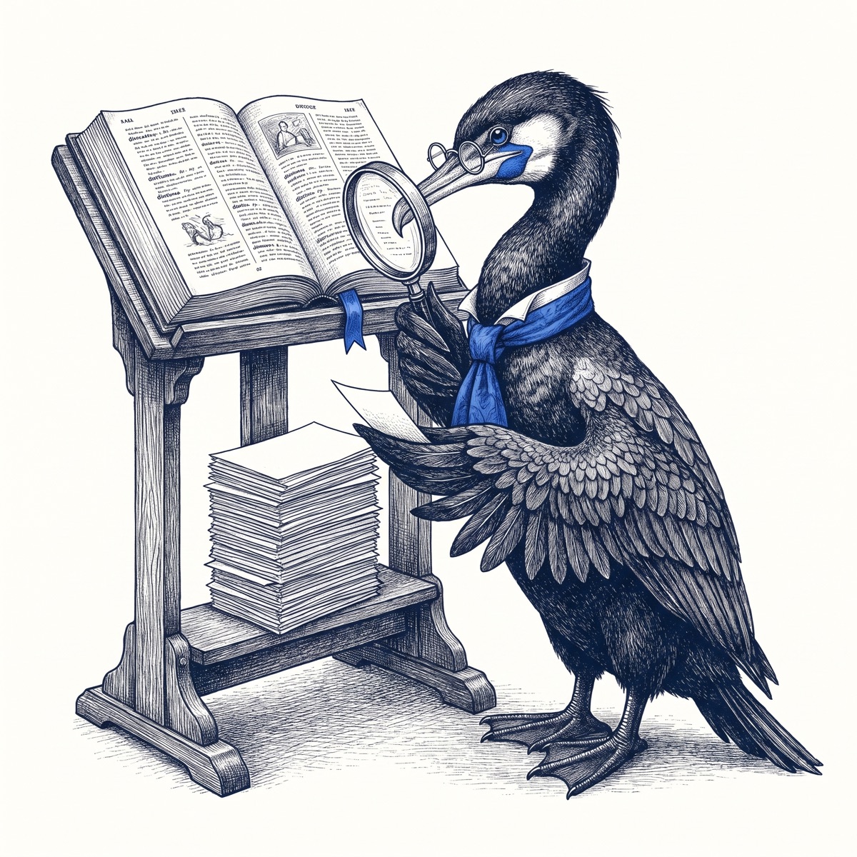 Skarv the cormorant, in spectacles and a blue cravat, stands at a wooden lectern with an enormous open dictionary, studying a small paper slip through a magnifying glass beside a stack of slips