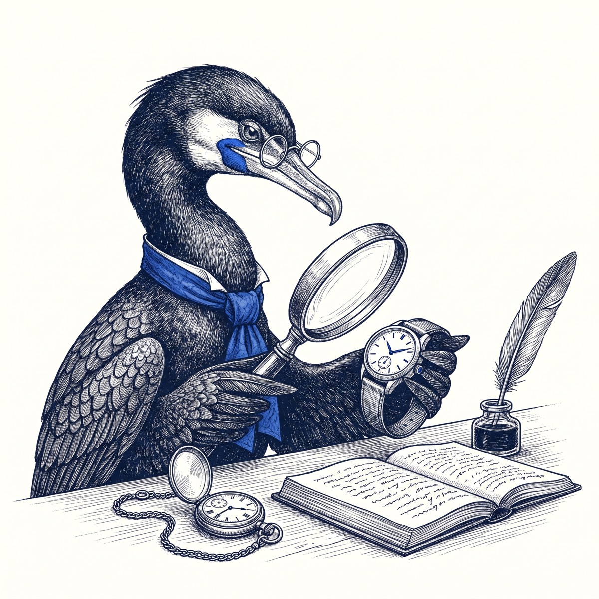 Skarv the cormorant, in spectacles and a blue cravat, inspects a wristwatch through a magnifying glass beside a pocket watch, an inkwell and an open book