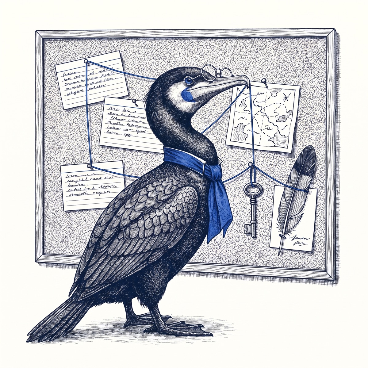 Skarv the cormorant, in spectacles and a blue cravat, pins index cards, a hand-drawn map, a key and a feather to a corkboard linked with blue thread
