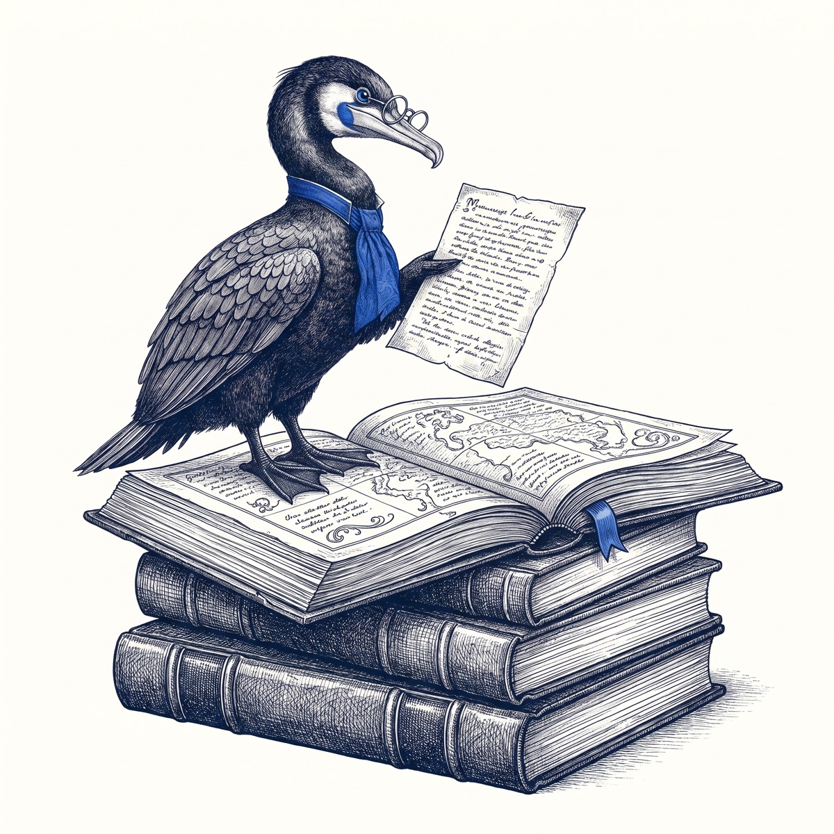 Skarv the cormorant, in spectacles and a blue cravat, stands on a stack of reference books holding a manuscript page beside an open atlas