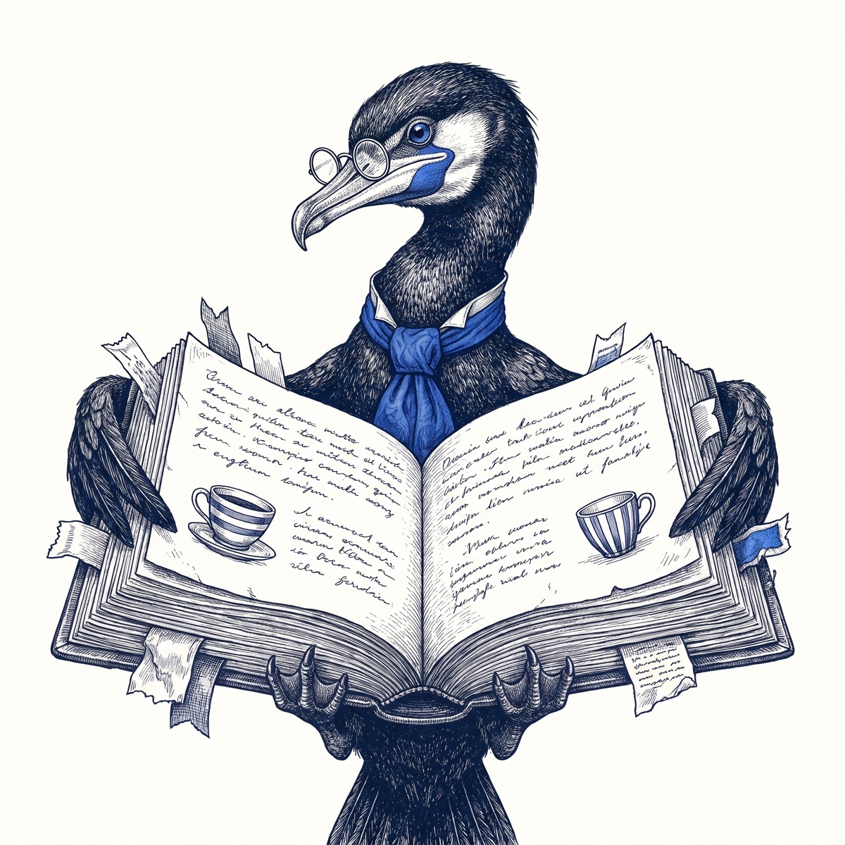 Skarv the cormorant, in spectacles and a blue cravat, holds open a thick bookmarked manuscript, comparing two small teacup sketches on facing pages