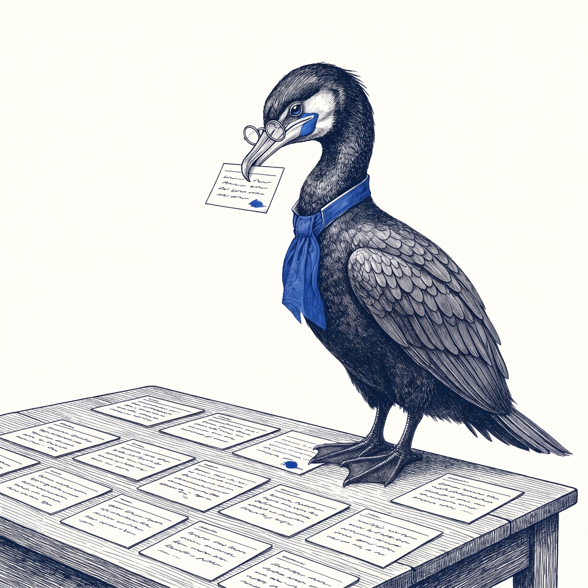 Skarv the cormorant, in spectacles and a blue cravat, stands on a table covered in rows of index cards, holding one card in its beak