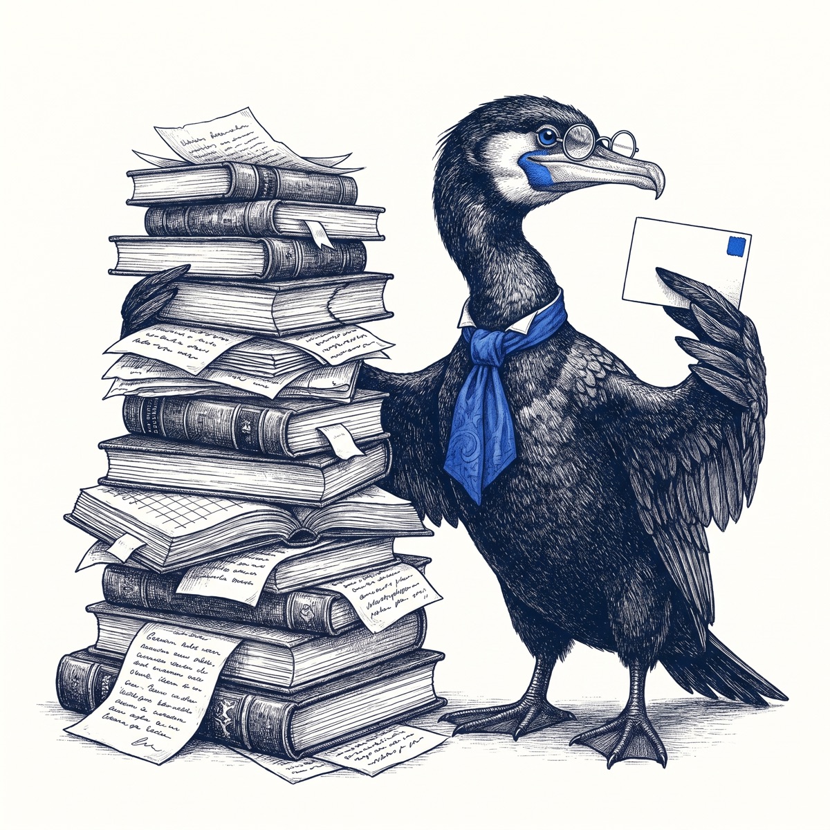 Skarv the cormorant, in spectacles and a blue cravat, holds up a single index card beside a towering pile of old books and papers