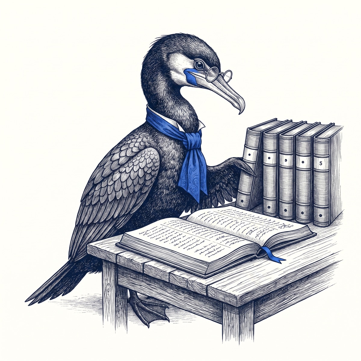 Skarv the cormorant, in spectacles and a blue cravat, rests a wing on a row of five matching volumes while checking an open ledger on a wooden desk