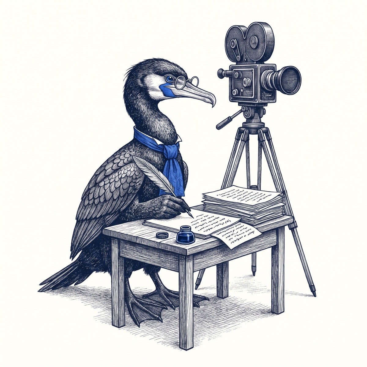 Skarv the cormorant, in spectacles and a blue cravat, writes a script with a quill at a small desk while a vintage film camera waits on a tripod
