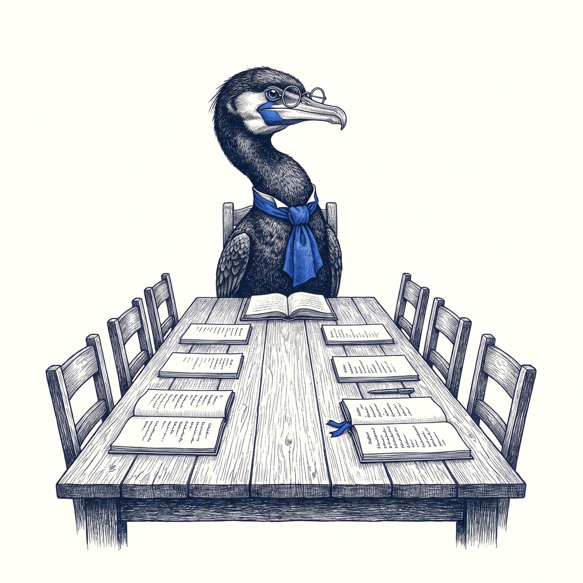 Skarv the cormorant, in spectacles and a blue cravat, sits at the head of a long table set with open scripts in front of empty chairs