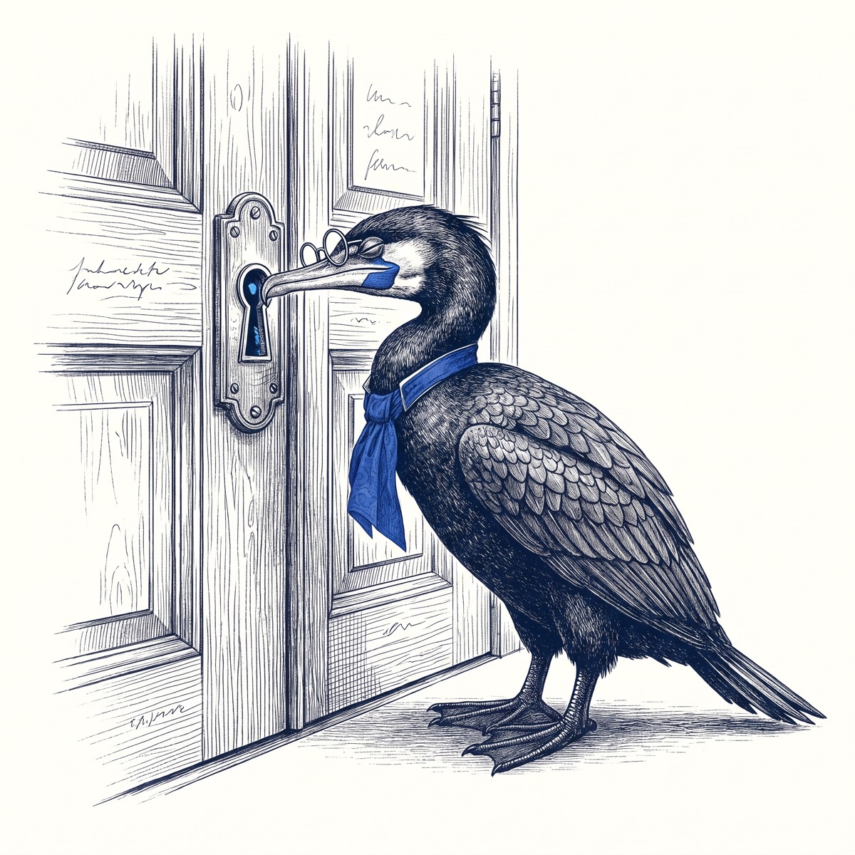 Skarv the cormorant, in spectacles and a blue cravat, peers through the keyhole of a tall panelled door