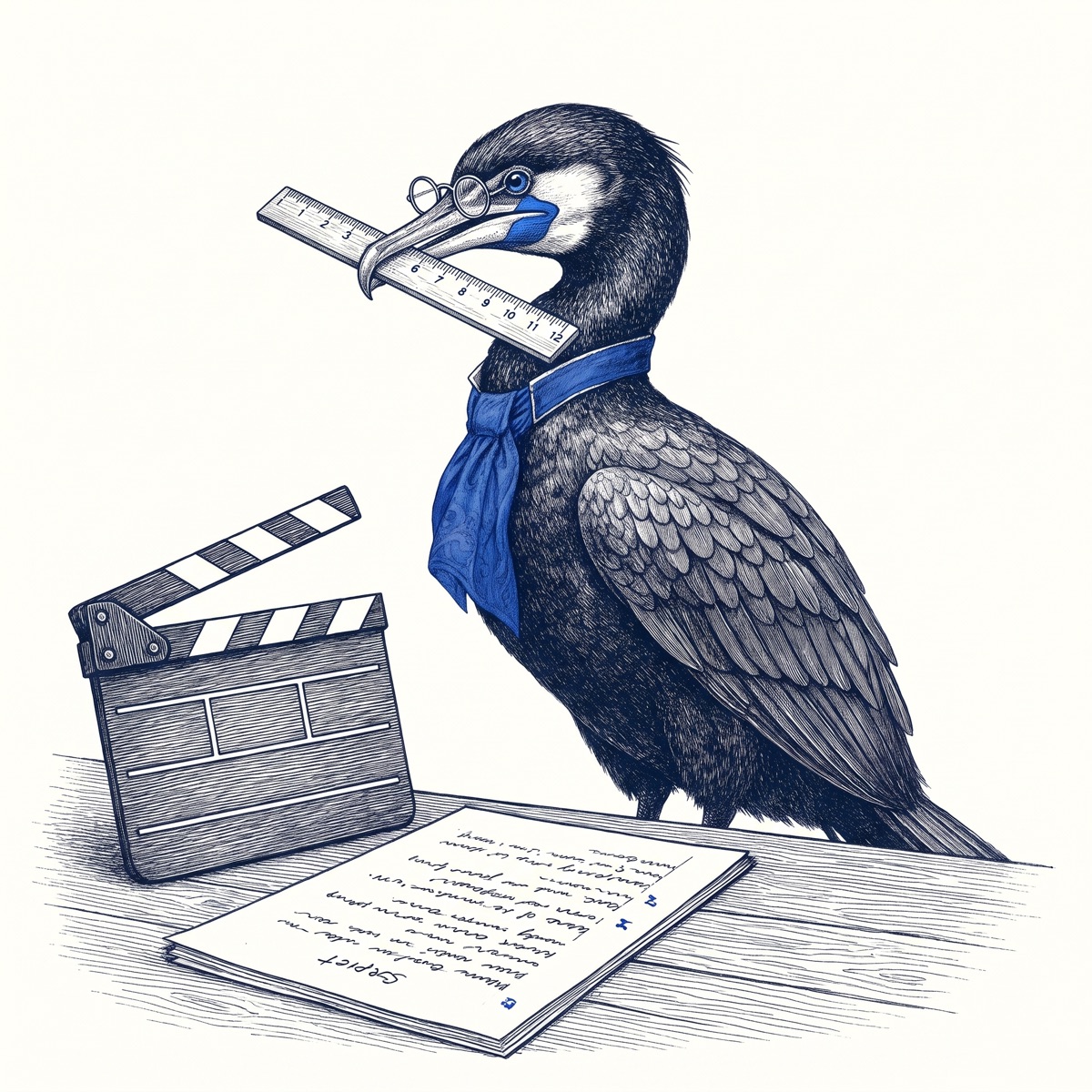 Skarv the cormorant, in spectacles and a blue cravat, holds a ruler in its beak beside a script page and a blank film clapperboard