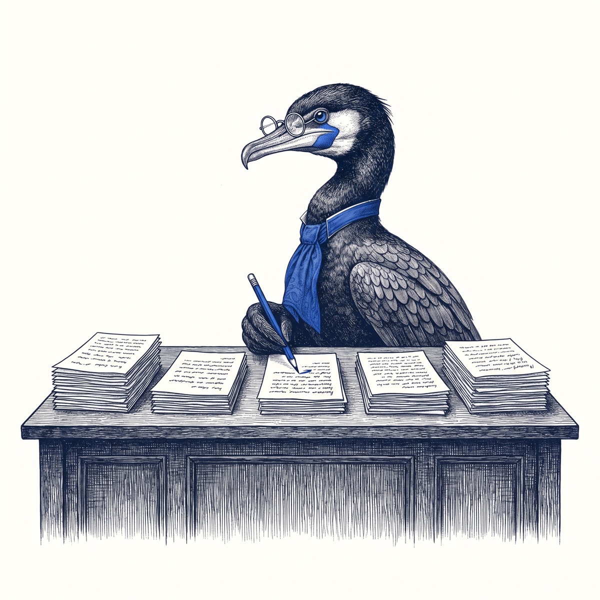 Skarv the cormorant, in spectacles and a blue cravat, marks a page with a pencil at a desk where a manuscript is sorted into five piles