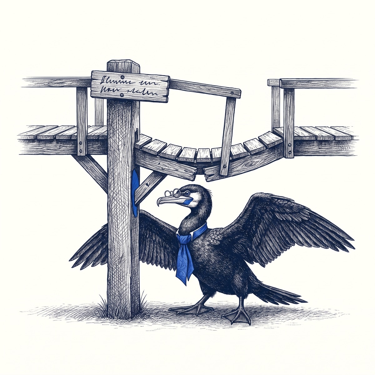 Skarv the cormorant, in spectacles and a blue cravat, stands with wings spread beneath a three-span wooden footbridge whose middle span sags